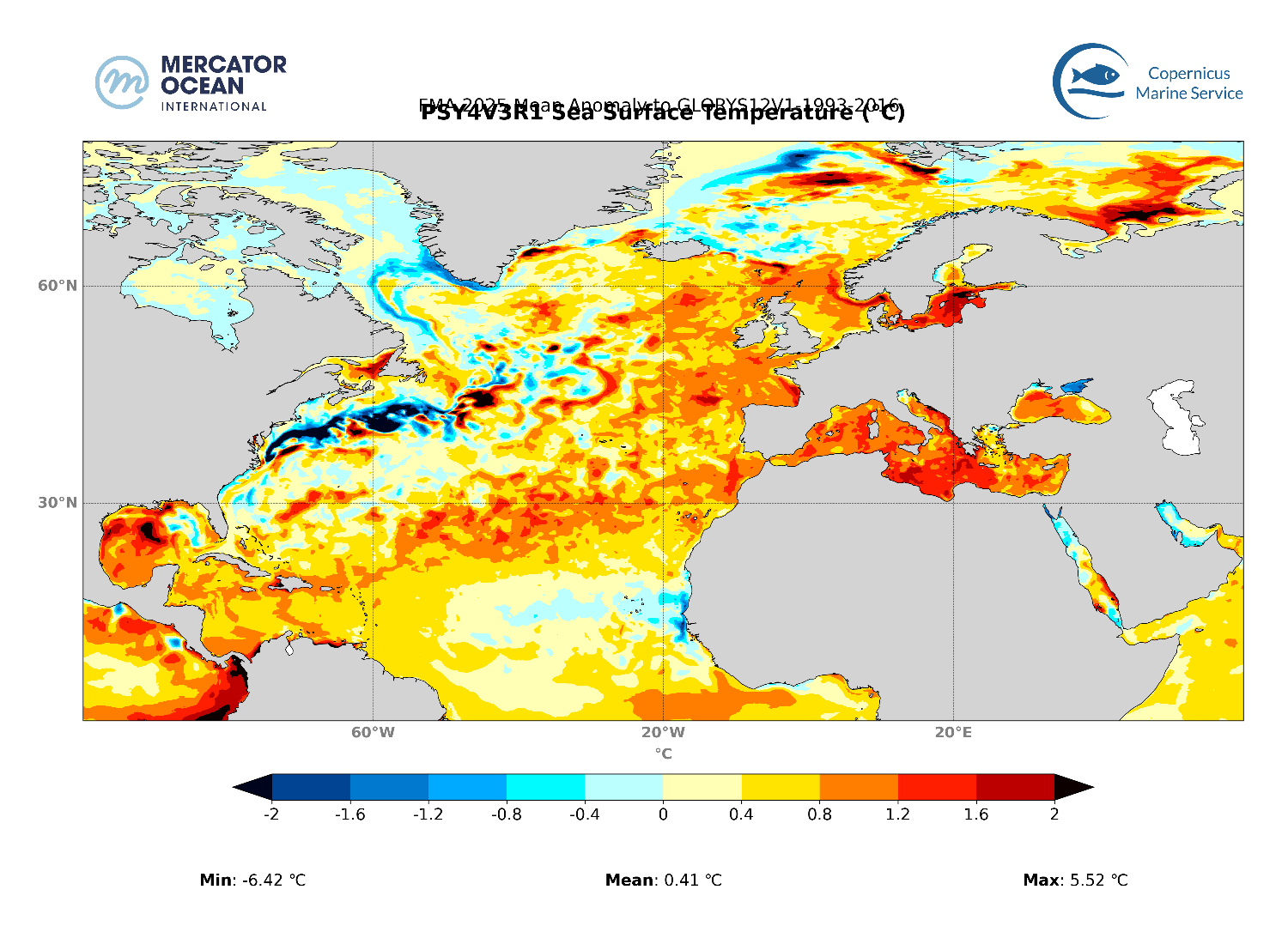 Anomalies de température de surface de l'Océan Atlantique Nord en février-mars-avril 2025 en comparaison de la moyenne pour la même période entre 1993 et 2016 (source&nbsp;: Union Européenne - Mercator Océan).