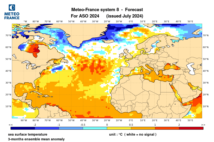 Carte des anomalies de SST dans l'Atlantique Nord prévues pour août-septembre-octobre 2024 par le modèle de Météo-France du mois de juillet 2024. 
