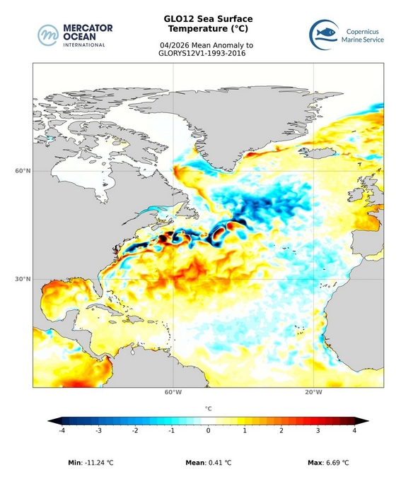  Figure 4A&nbsp;: Anomalies de température de surface de l'Océan Atlantique Nord en avril 2026 en comparaison de la moyenne entre 1993 et 2016 (source&nbsp;: Union Européenne - Mercator Océan).