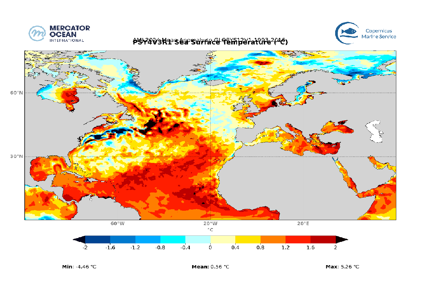 Anomalies de température de surface de l'Océan Atlantique Nord en avril-mai-juin 2024 en comparaison de la moyenne pour la même période entre 1993 et 2016 (source&nbsp;: Union Européenne - Mercator Océan).