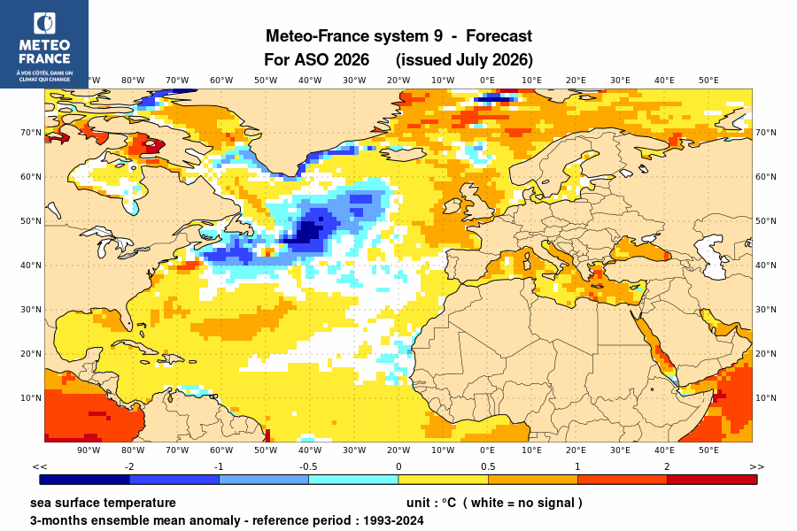 Carte des anomalies de SST dans l’Atlantique Nord prévues pour août-septembre-octobre 2026 par le modèle MF-S9 (Météo-France) du mois de juillet 2026