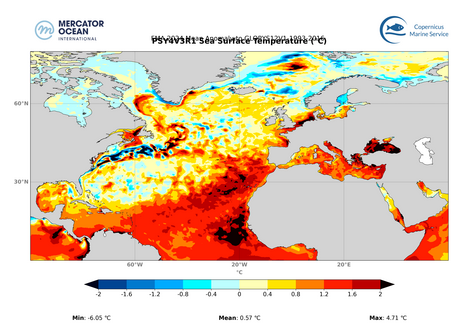  Figure 4A&nbsp;: Anomalies de température de surface de l'Océan Atlantique Nord en février-mars-avril 2024 en comparaison de la moyenne pour la même période entre 1993 et 2016 (source&nbsp;: Union Européenne - Mercator Océan).