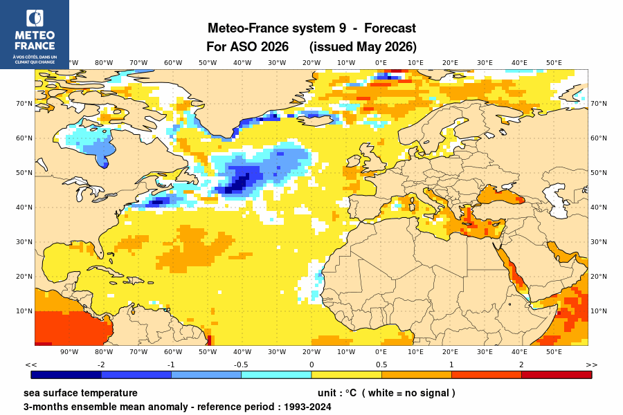 Carte des anomalies de SST dans l’Atlantique Nord prévues pour août-septembre-octobre 2026 par le modèle MF-S9 (Météo-France) du mois de mai 2026