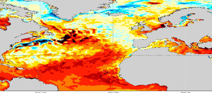 Anomalies de température de surface de l'Océan Atlantique Norden avril, mai, juin 2024 en comparaison de la moyenne pour la même période entre 1993 et 2016