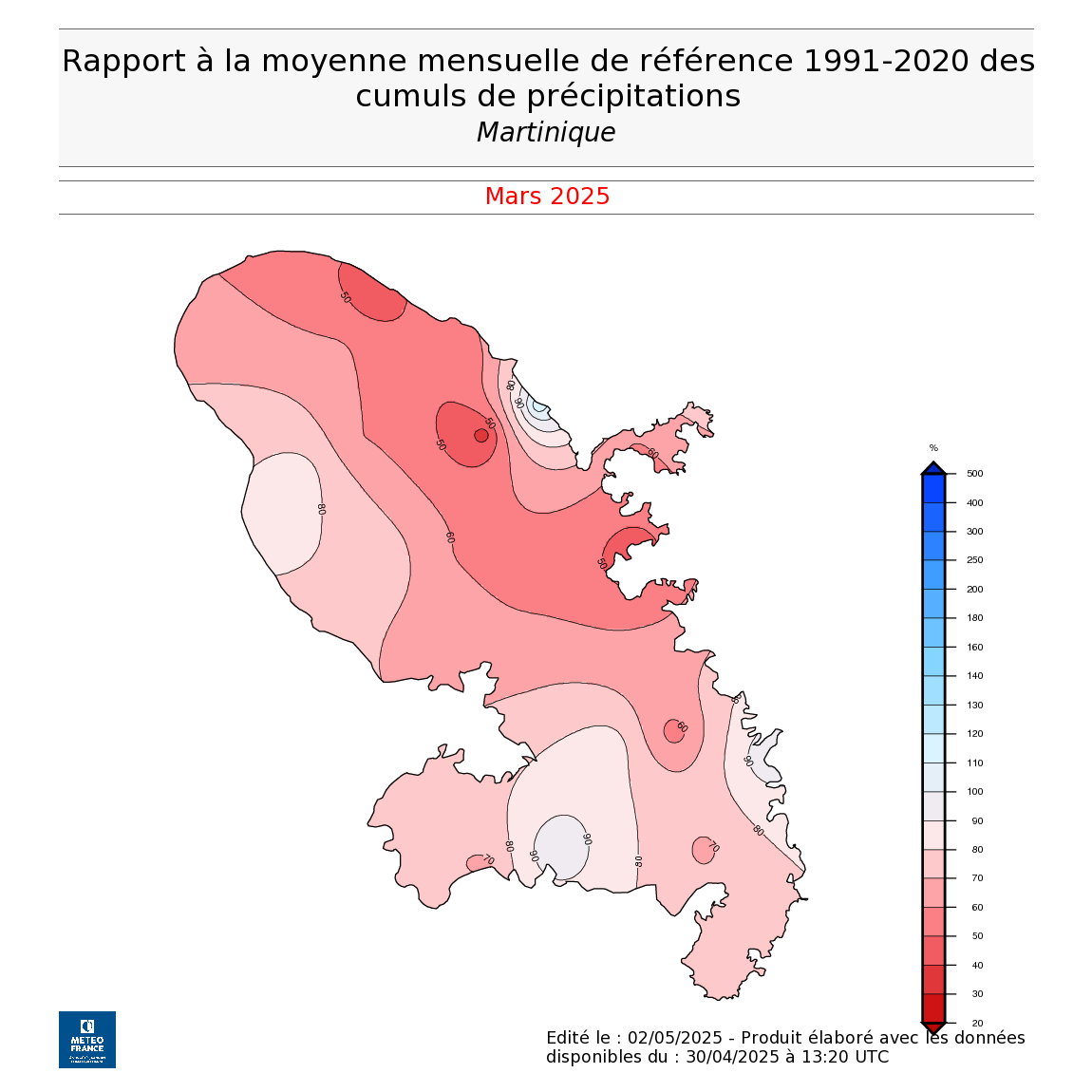 Rapport à la moyenne mensuelle des cumuls de précipitations.