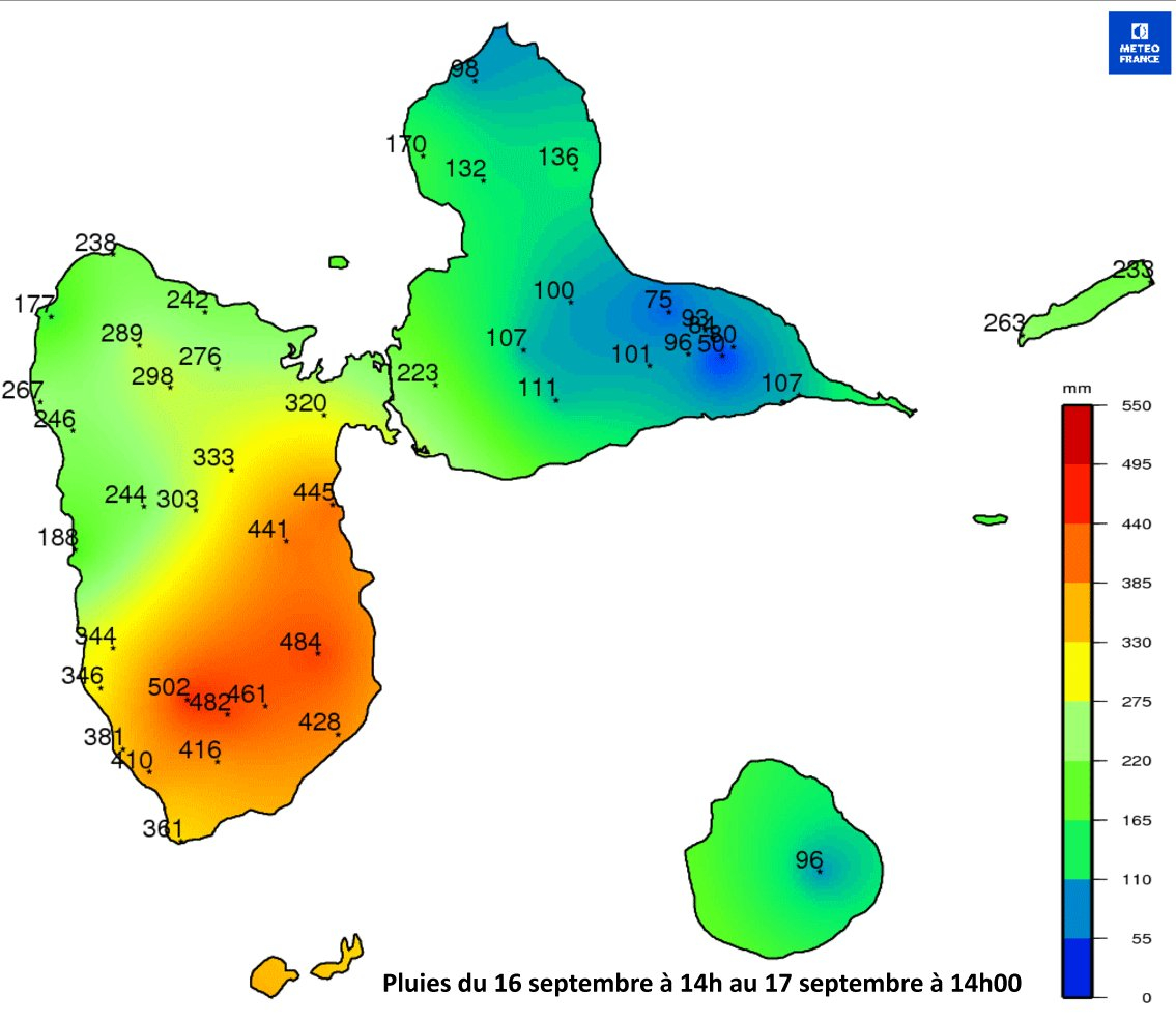 Cumuls de pluie en 24h sur la Guadeloupe