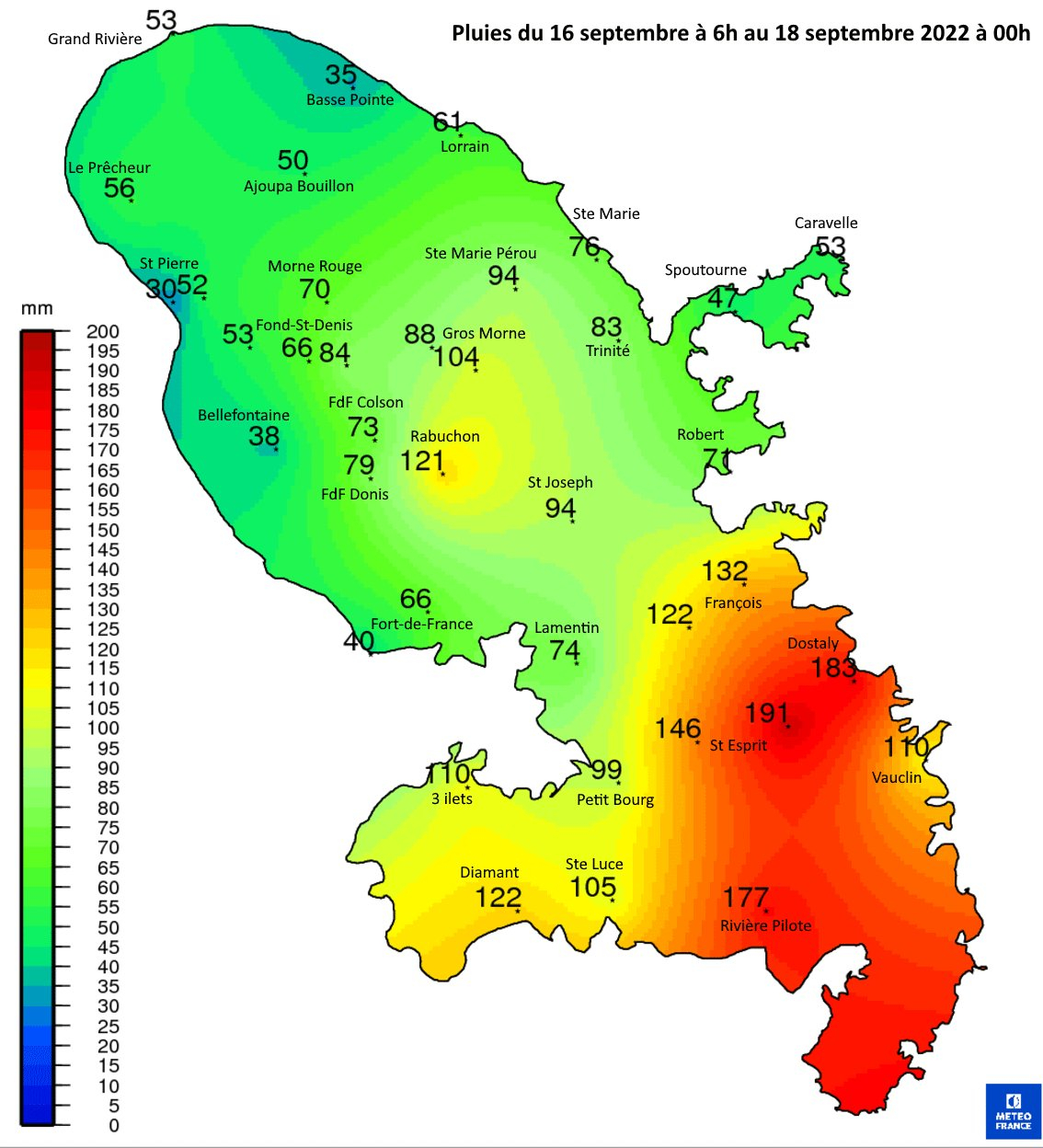 Cumuls de pluie sur l'ensemble de l'épisode en Martinique 