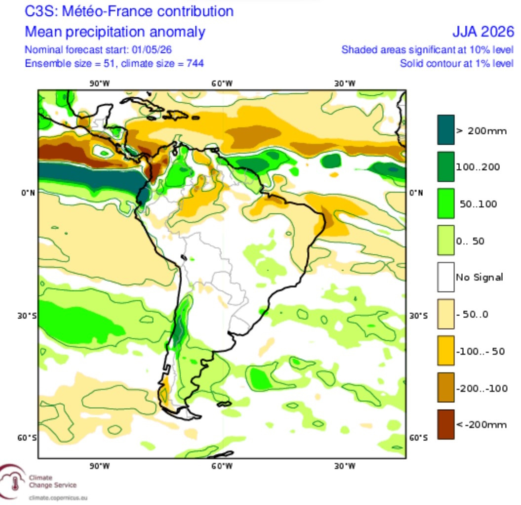 Anomalie moyenne de pluies - JJA 2026