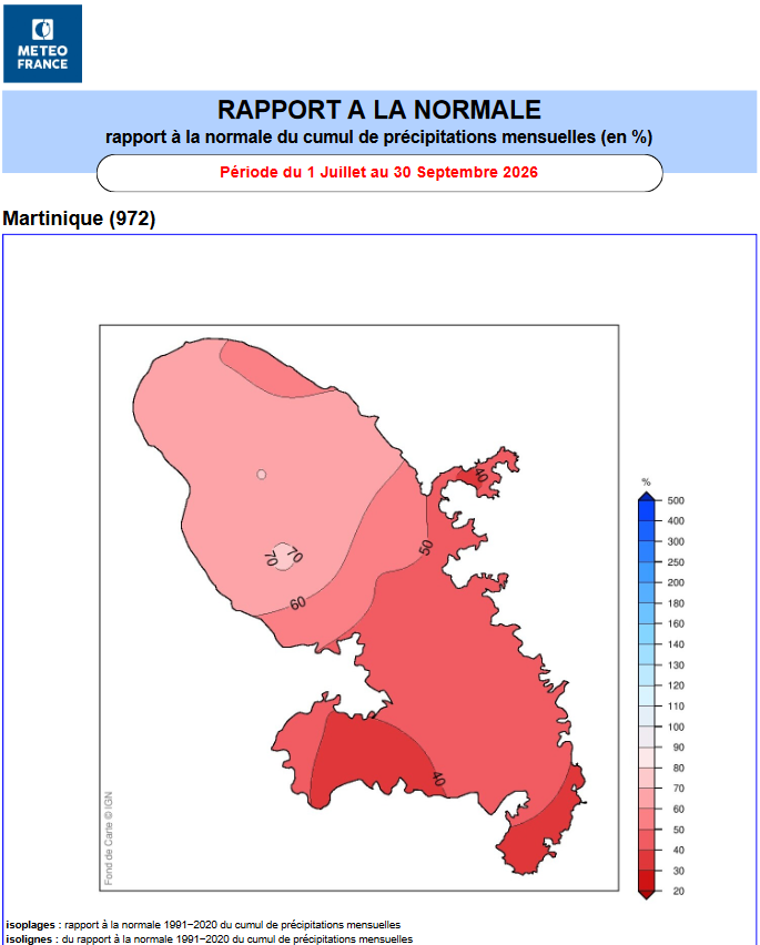 Rapport à la normale des cumuls de précipitations de juillet à septembre 2026