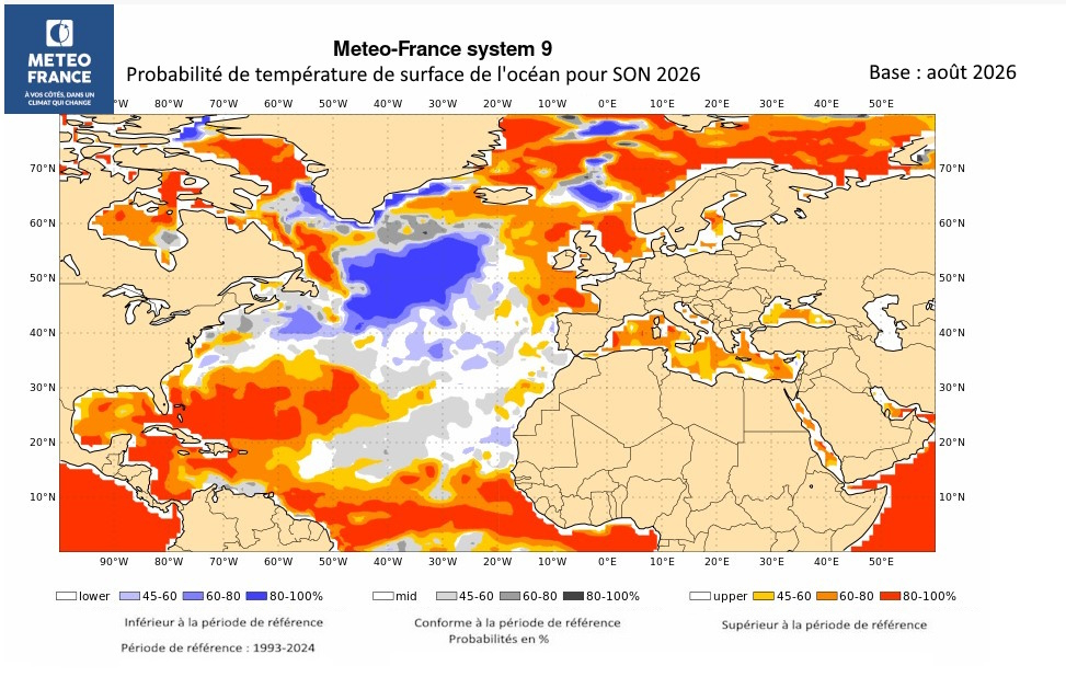 Probabilités de température de surface de l'océan pour SON 2026