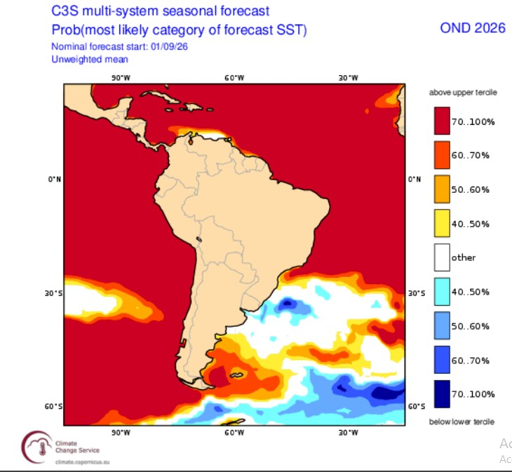 Probabilité de température de surface de l'océan pour OND 2026
