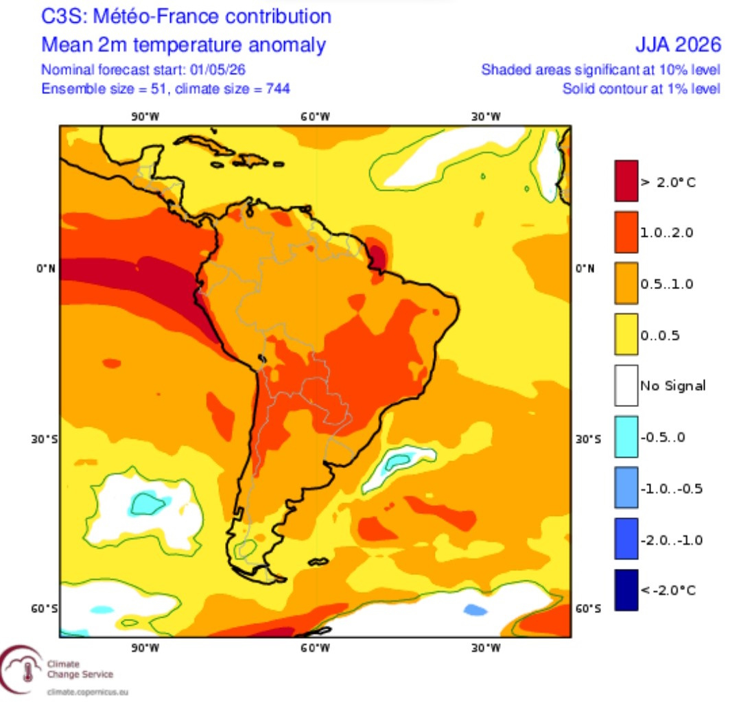 Anomalie moyenne de température de l'air à 2 m - JJA 2026