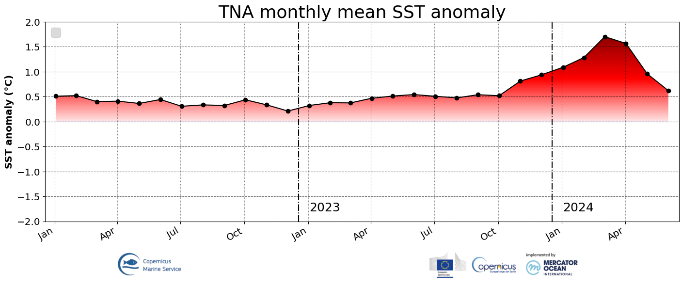 Moyennes mensuelles des anomalies de température de surface de la mer au nord de l’Océan Atlantique tropical, entre janvier 2022 et juin 2024 (source : Union Européenne - Mercator Océan).