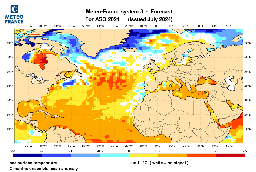 Carte des anomalies de SST dans l’Atlantique Nord prévues pour août-septembre-octobre 2024 par le modèle MF-S8 (Météo-France) du mois de juillet 2024 