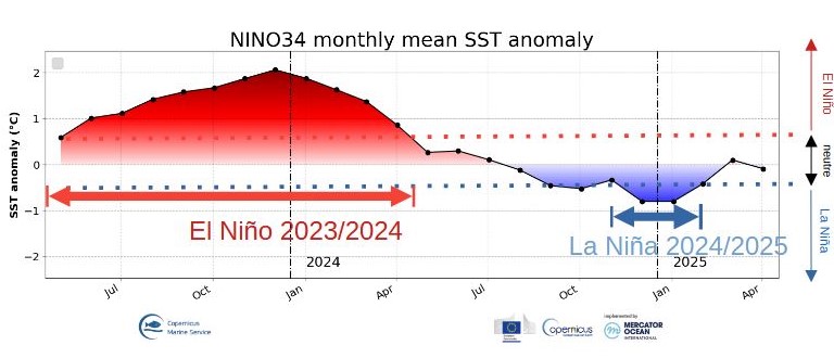 Région Niño 3.4 (Pacifique équatorial central), moyennes mensuelles des anomalies de température de surface de la mer entre avril 2024 et avril 2025(source : Union Européenne - Mercator Océan).