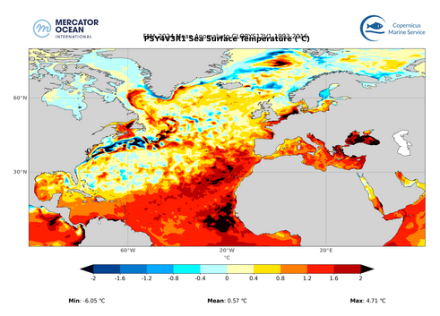 Anomalies de température de surface de l'Océan Atlantique Nord en février-mars-avril 2024 en comparaison de la moyenne pour la même période entre 1993 et 2016 (source : Union Européenne - Mercator Océan).