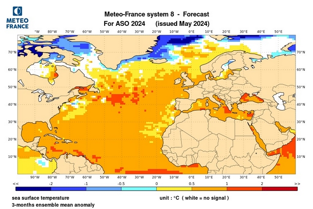 Carte des anomalies de SST dans l’Atlantique Nord prévues pour août-septembre-octobre 2024 par le modèle MF-S8 Météo-France) du mois d’avril 2024 