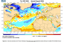 Figure 5a : Carte des anomalies de SST dans l’Atlantique Nord prévues pour août-septembre-octobre 2022 par le multi-modèle C3S (Union Européenne - Copernicus) du mois de août 2022