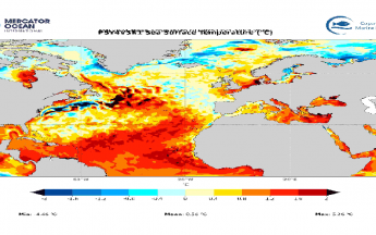 Anomalies de température de surface de l'Océan Atlantique Norden avril, mai, juin 2024 en comparaison de la moyenne pour la même période entre 1993 et 2016