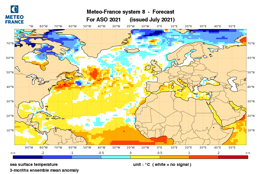 Figure 6a : Carte des anomalies de SST dans l’Atlantique Nord prévues pour août-septembre-octobre 2021 par le modèle MF-S8 (Météo-France) du mois de juillet 2021. 