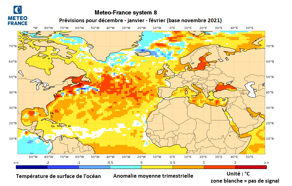 Prévisions d'anomalies de températures de l'océan pour décembre 2021 - janvier - février 2022