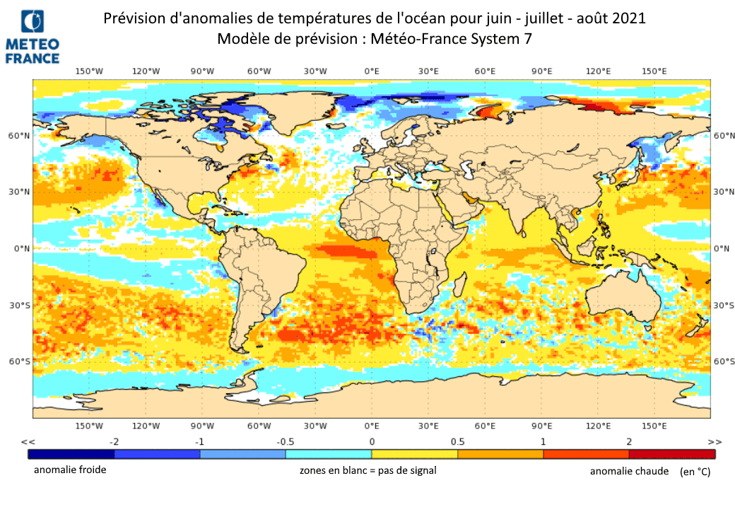 Prévisions d'anomalies de températures de l'océan pour Juin - Juillet - Août 2021