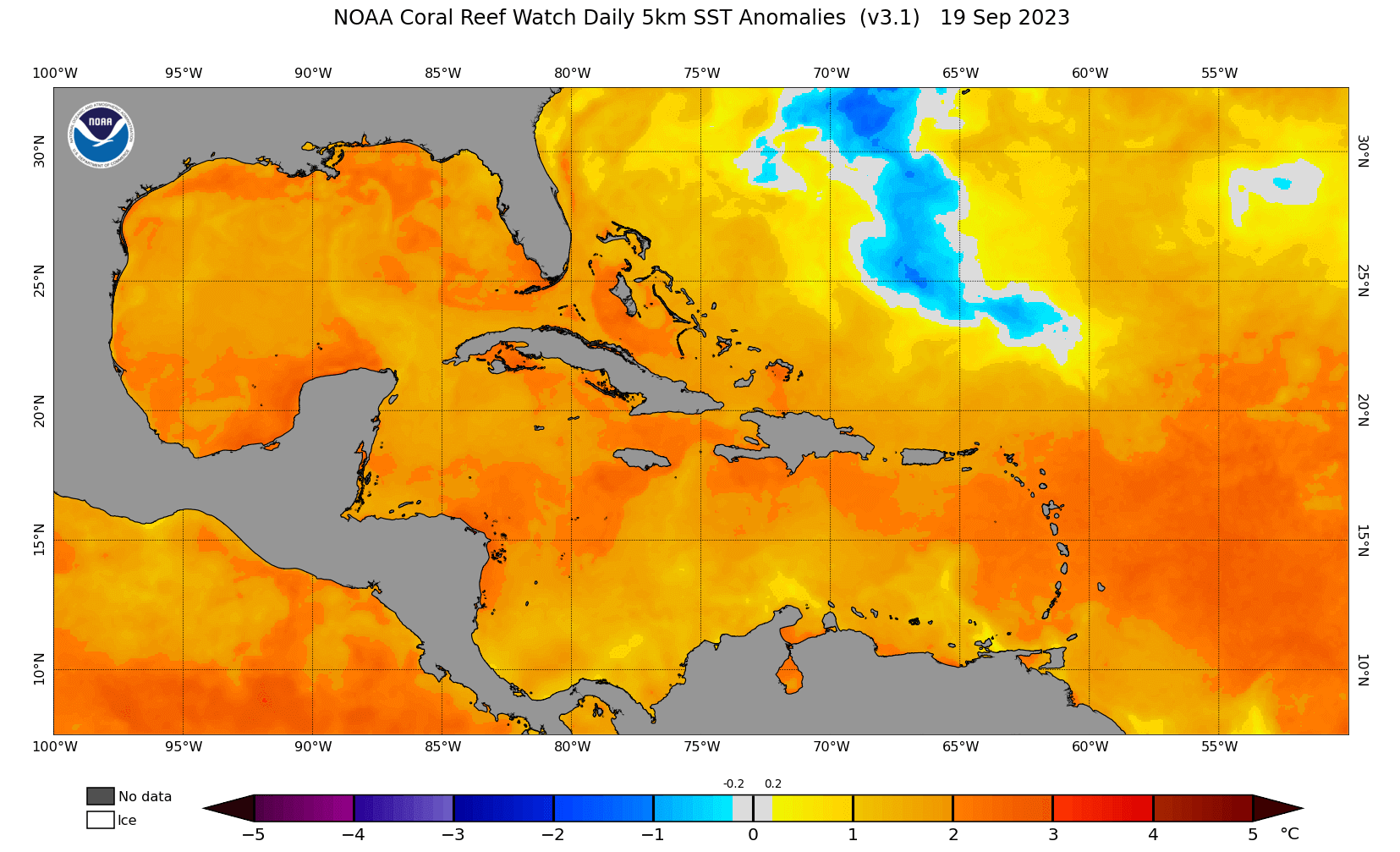 Anomalie de températures de surface de la mer le 19 septembre 2023. Source NOAA Coral Reef