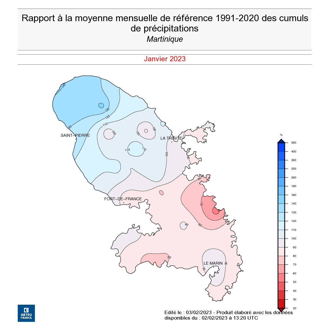 Rapport à la normal du cumul de précipitations du mois de janvier 2023