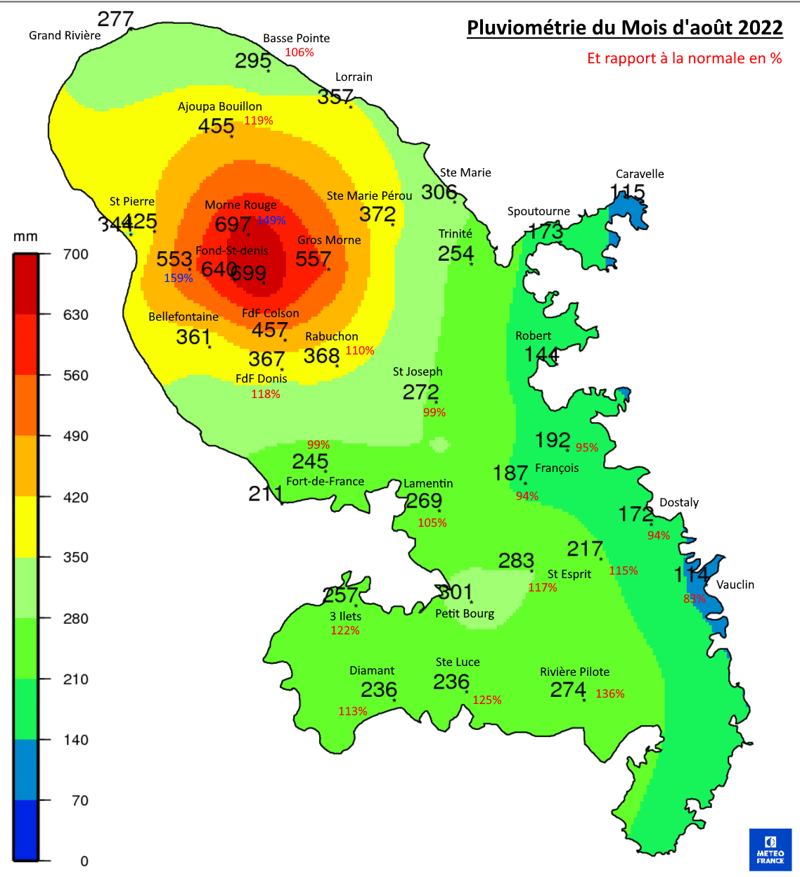 Pluviométrie du mois de août 2022 et rapport à la normale