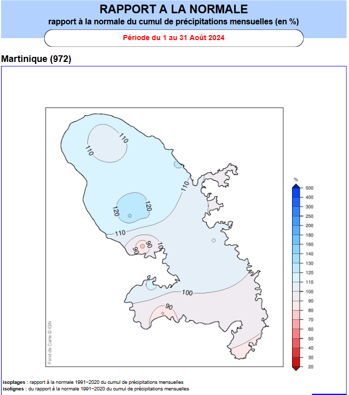 Rapport à la normal du cumul de précipitations du mois de août 2024