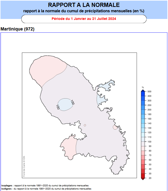 Rapport à la normale des pluies en Martinique pour la période étudiée