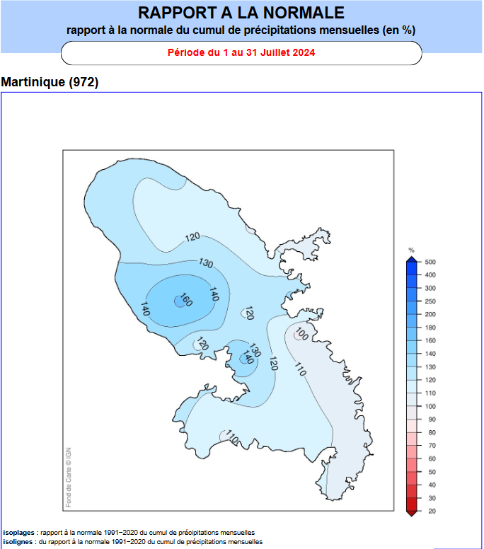 Rapport à la normal du cumul de précipitations du mois de juillet 2024