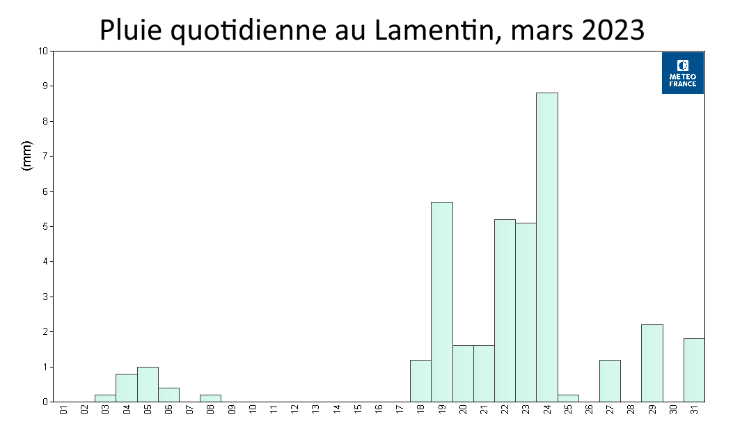 Pluies quotidiennes au Lamentin, mars 2023