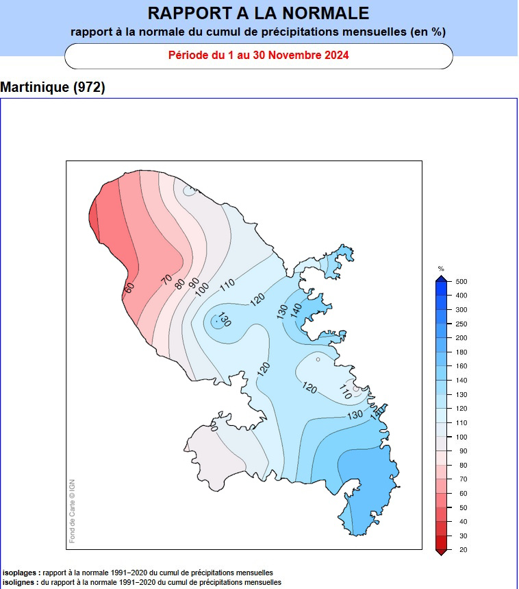Rapport à la normale du cumul de précipitations mensuelles novembre 2024