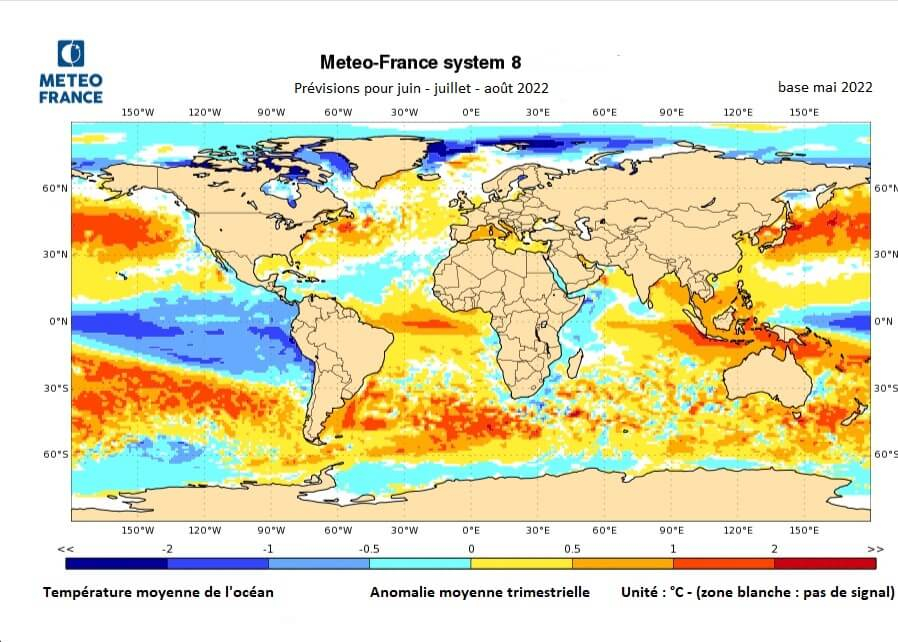 Prévisions d'anomalies de températures de l'océan pour juin - juillet - août 2022