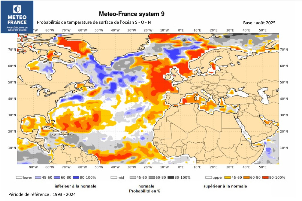 Probabilités de température de surface de l'océan pour S-O-N 2025