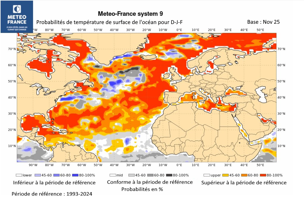 Probabilités de température de surface de l'océan pour D 2025 - J-F 2026