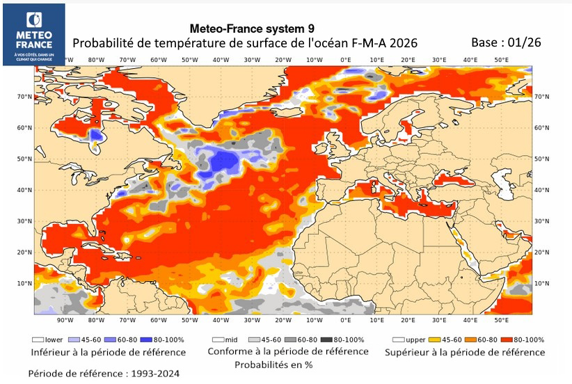 Probabilités de température de surface de l'océan pour F-M-A 2026
