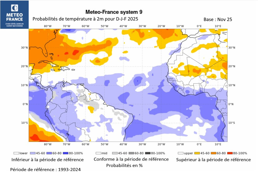 Probabilité de température de l'air à 2m pour D 2025 - J-F 2026