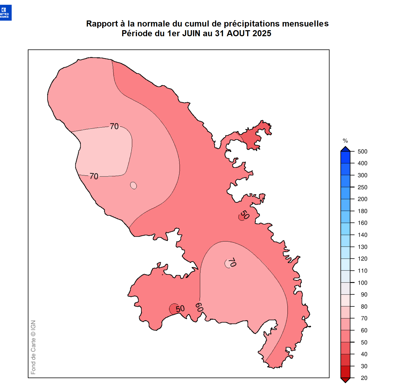 Rapport à la normale du cumul de précipitations juin-juillet-août 2025