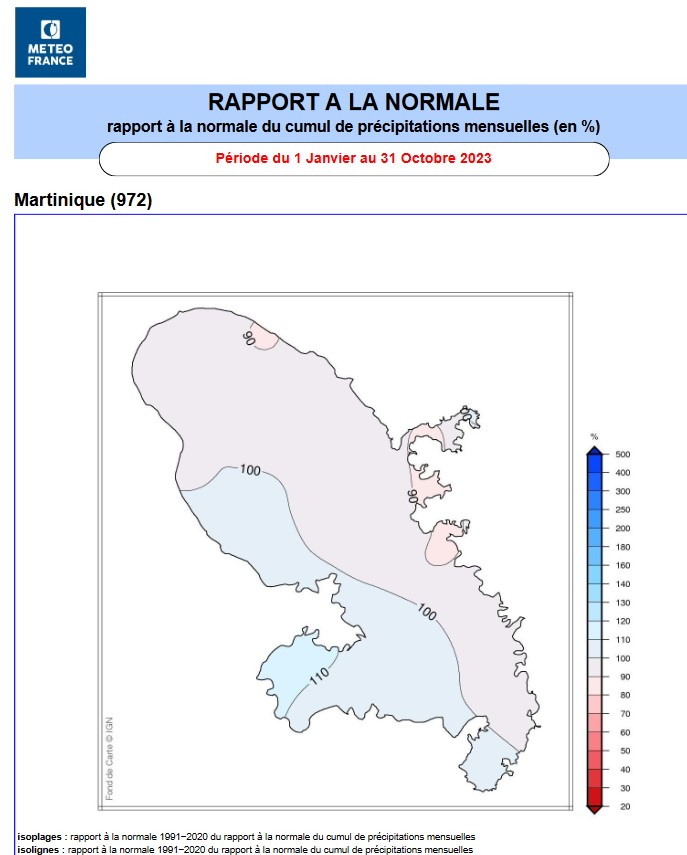 Rapport à la normale des pluies en Martinique pour l'année 2023