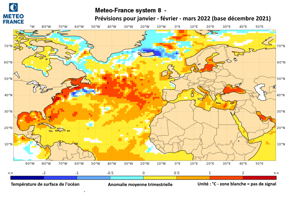 Prévisions d'anomalies de températures de l'océan pour janvier - février - mars 2022