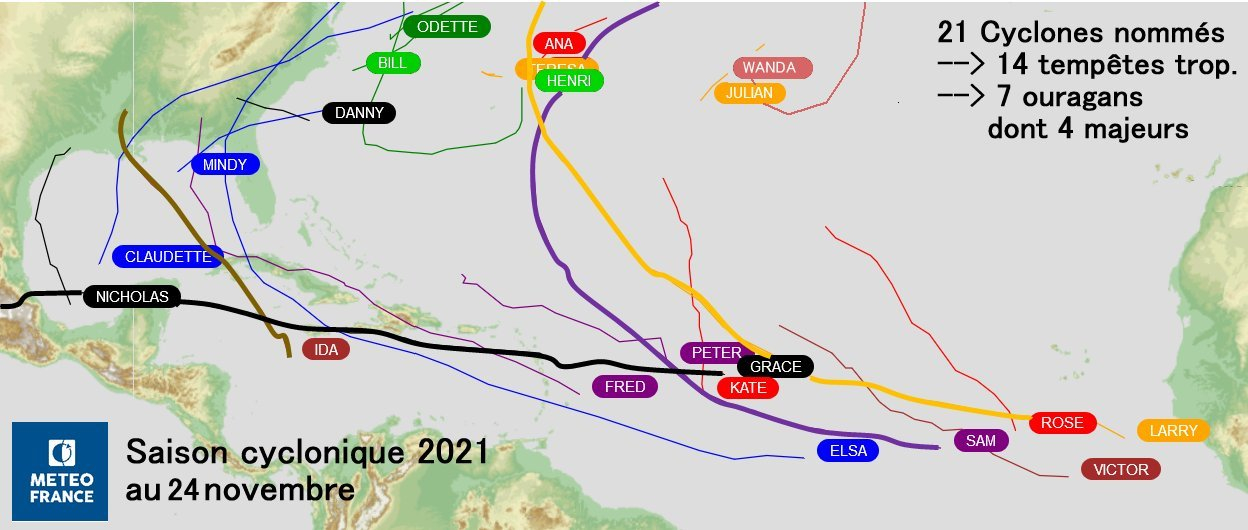 Carte des trajectoires des 21 cyclones de 2021 