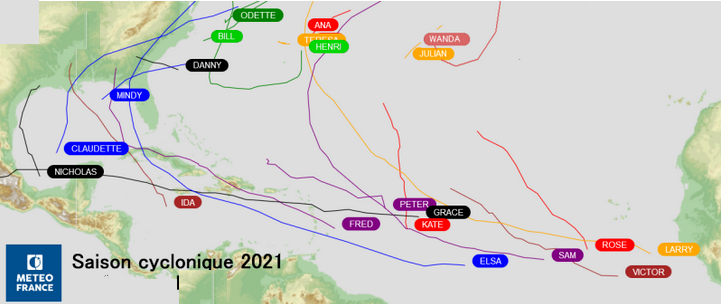 Trajectoires des cyclones saison 2021 en Atlantique Nord
