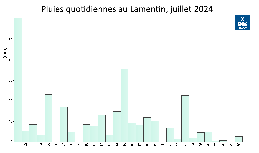 Pluies quotidiennes au Lamentin, juillet 2024