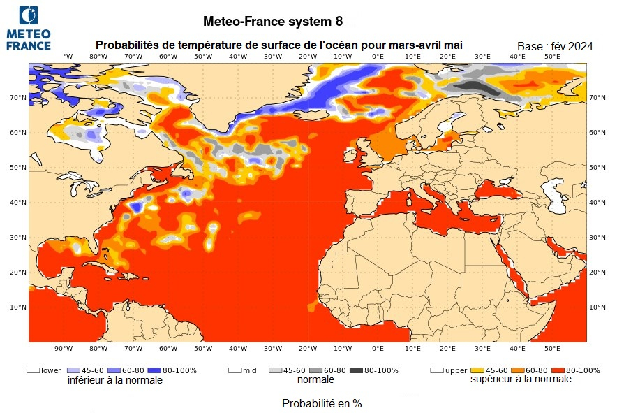 Probabilités de température de surface de l'océan pour mars - avril - mai 2024