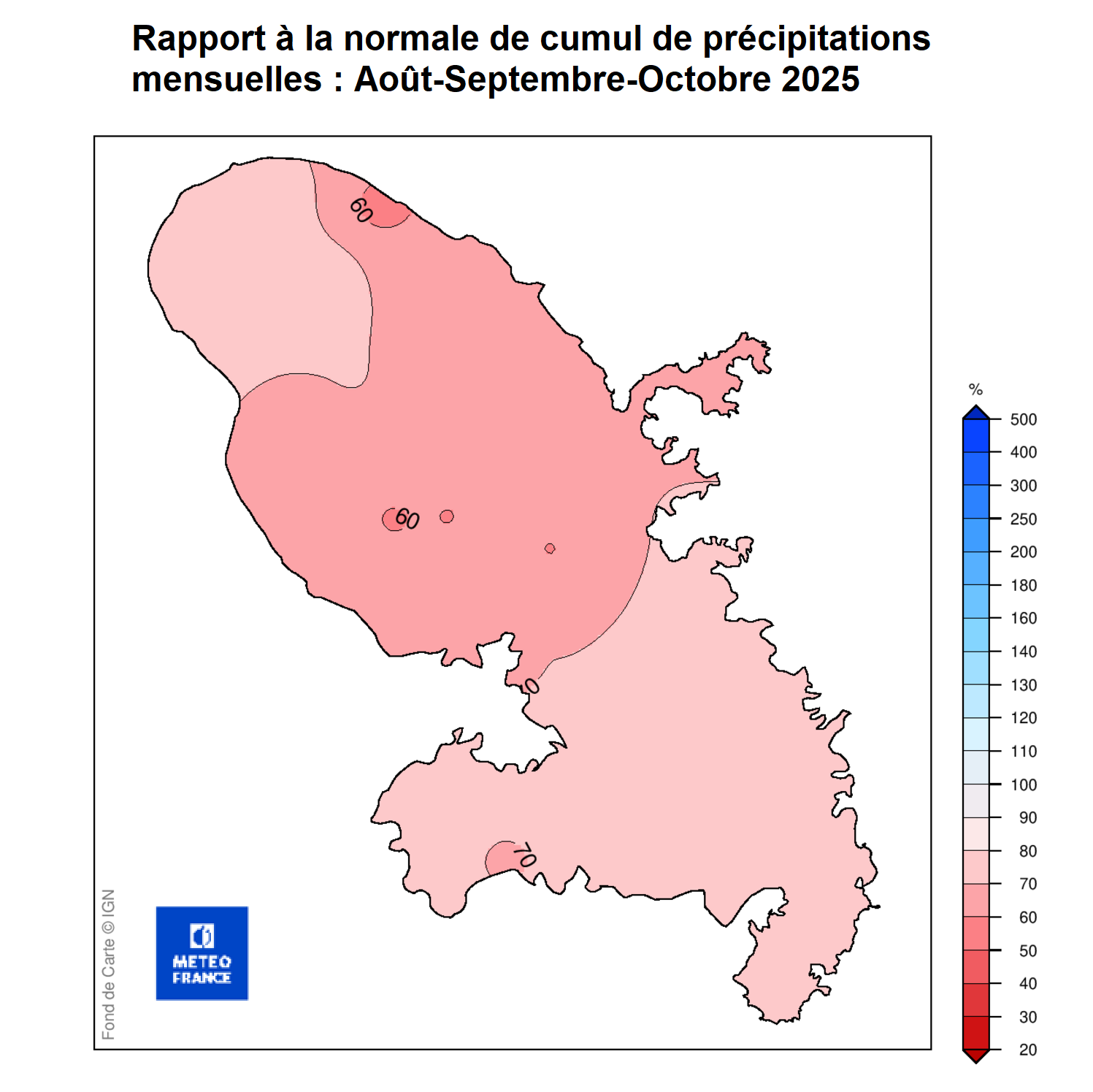 rapport à la normales de cumul de précipitations: août à octobre 2025
