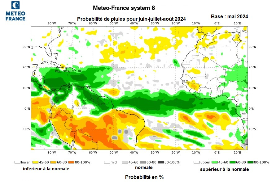 Probabilités de pluie pour juin - juillet - août 2024