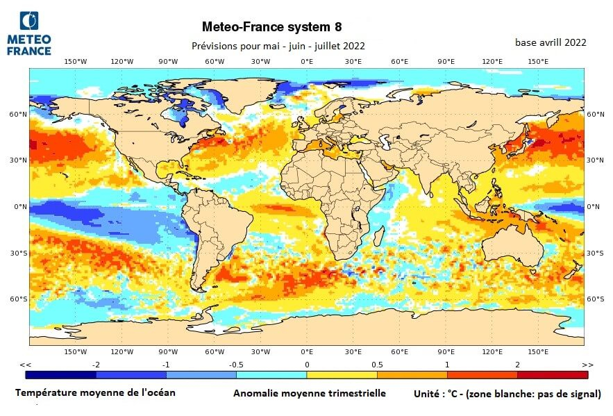 Prévisions d'anomalies de températures de l'océan pour mai - juin - juillet  2022