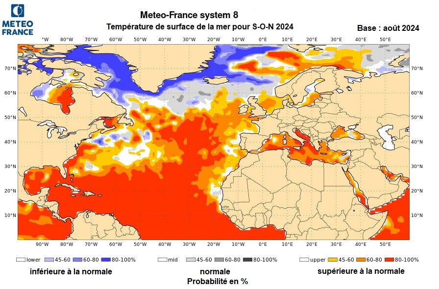 Probabilités de température de surface de l'océan pour septembre - octobre - novembre 2024